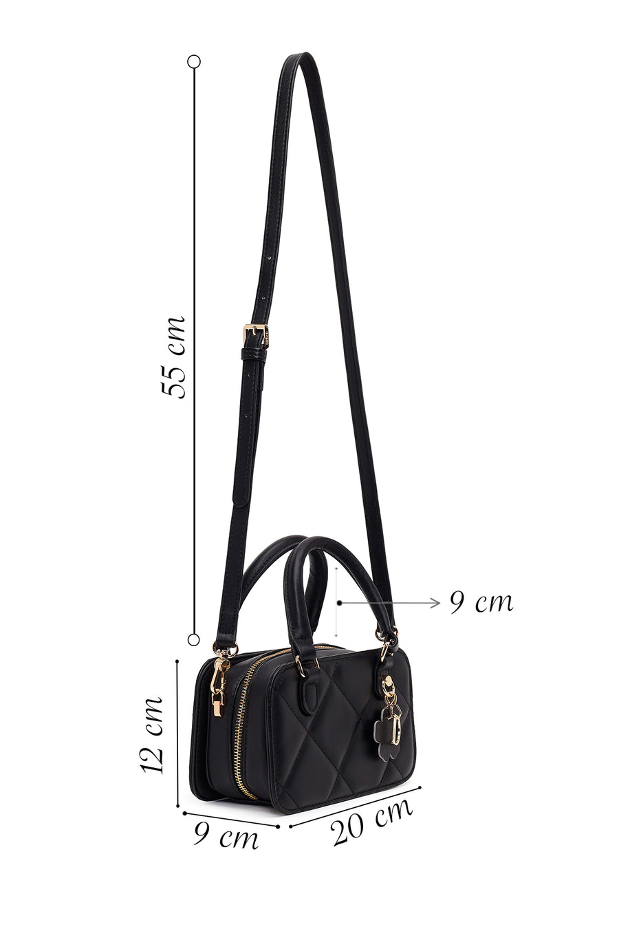 Woman Black Long-Strap Quilted Charmed Mini Shoulder Bag