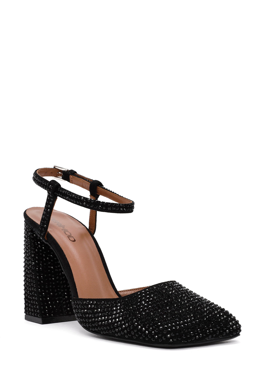 Women's Black Stoned Thick Heeled Leather Shoes