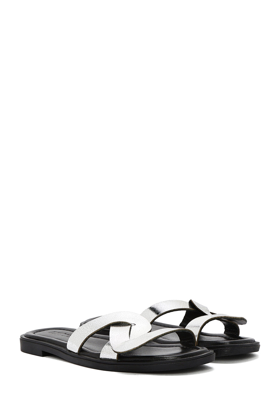 Women's Grey Metallic Leather Slippers