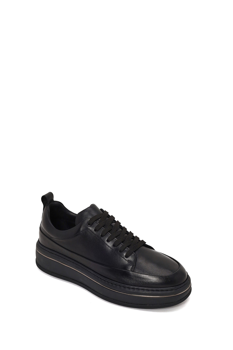 Male Black Lace-Up Thick-Soled Leather Sneaker