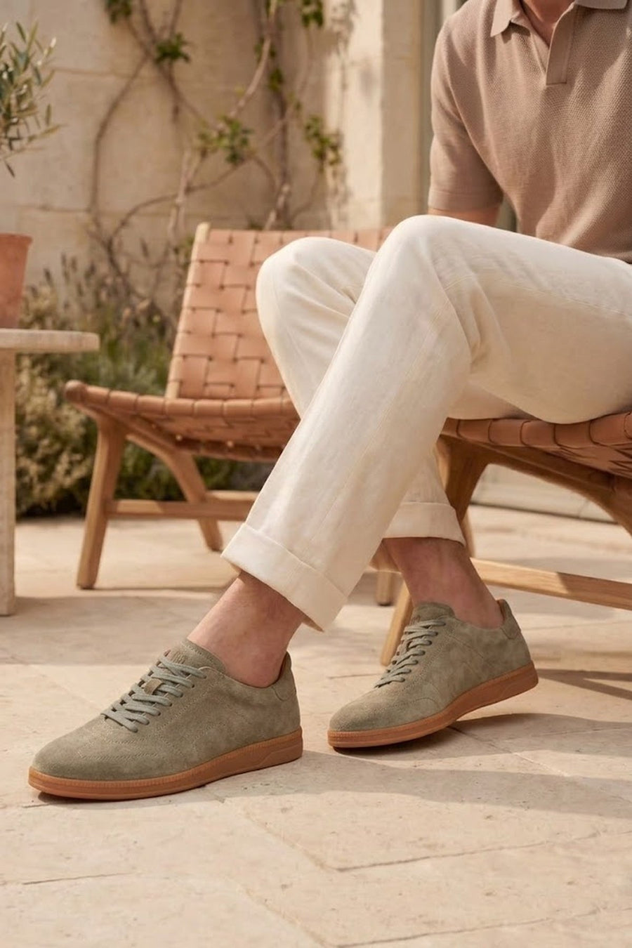 Male Light Green Lace-Up Suede Leather Sneaker