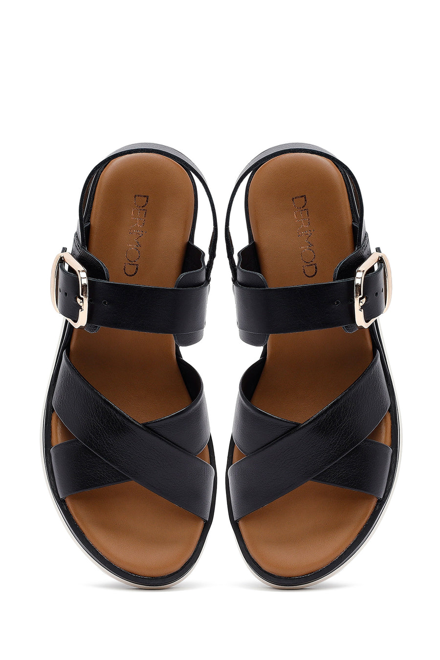 Women's Black Ankle Buckle Thick Soled Leather Sandals