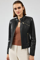 Heidi Women's Black Short Leather Jacket | Derimod