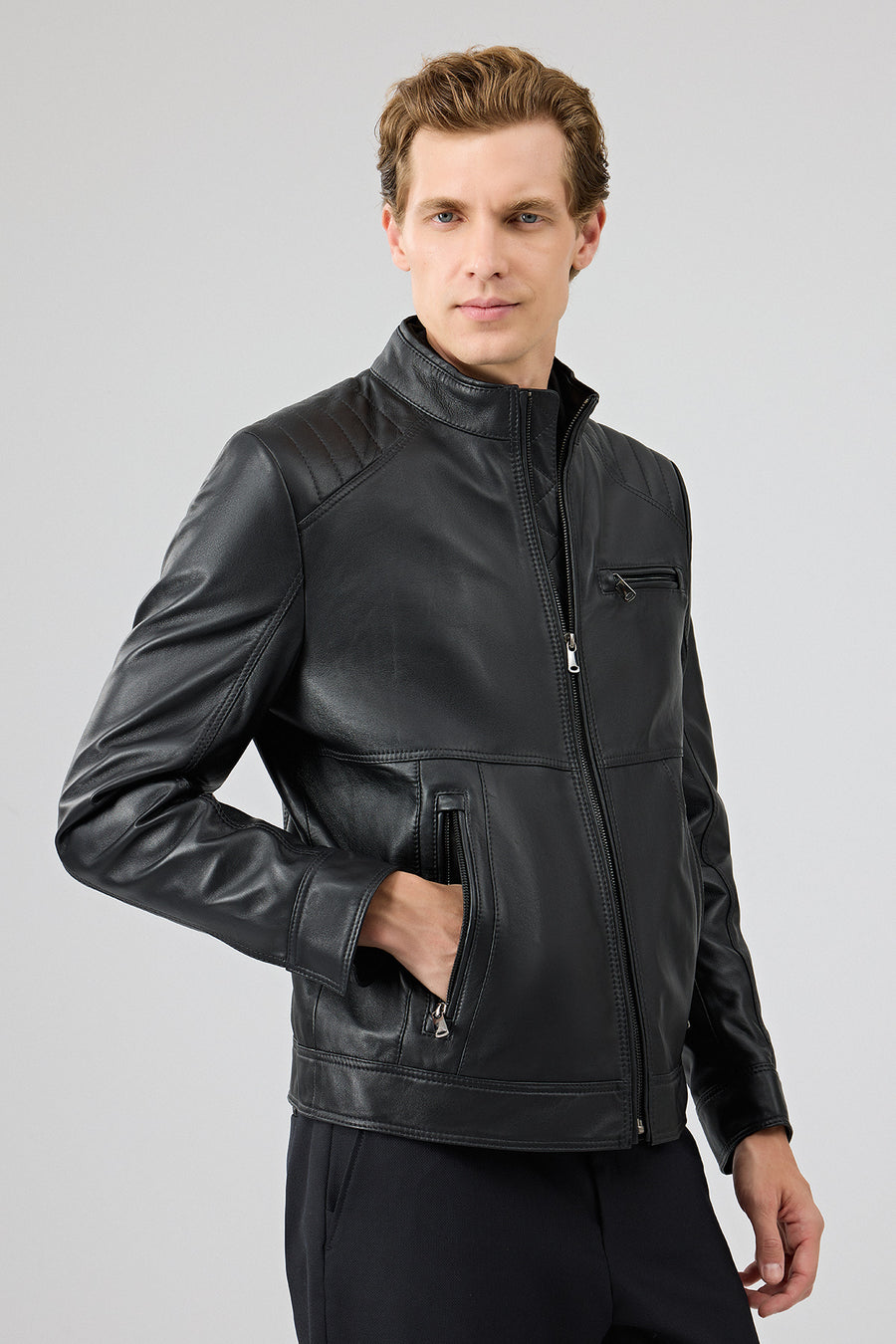 Tony Men's Black Mandarin Collar Short Leather Jacket