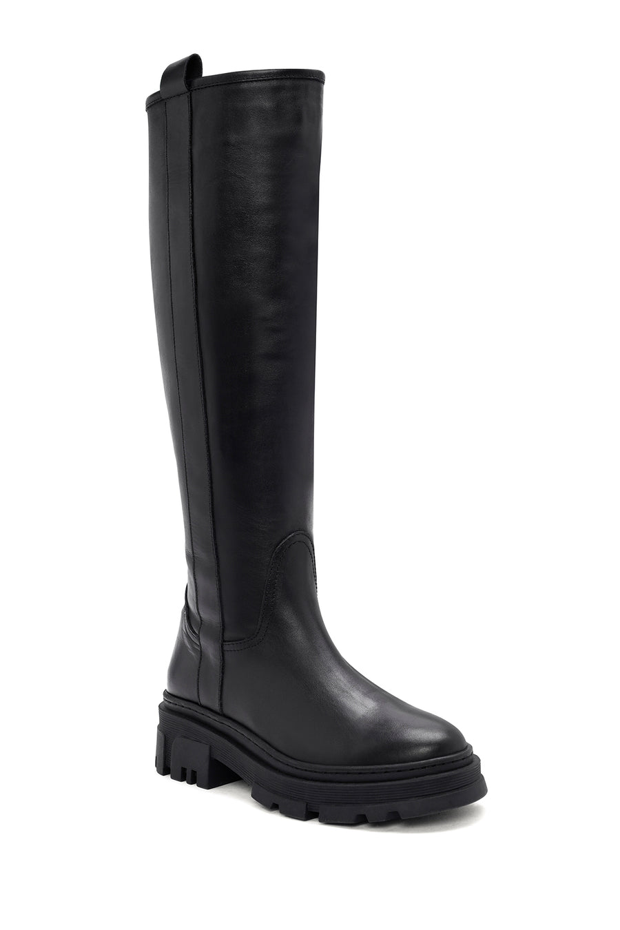 Woman Black Zippered Thick Sole Leather Boot