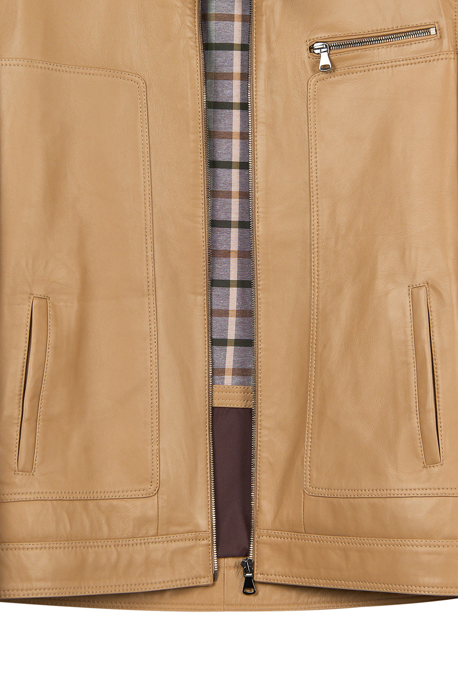 Felibe Male Beige Mandarin Collar Leather Jacket