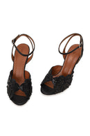 Woman Black Ankle Buckle Rhinestone Thin High Heel Leather Sandal | Derimod