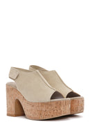 Women's Beige Ankle Strap Platform Heeled Suede Sandals | Derimod