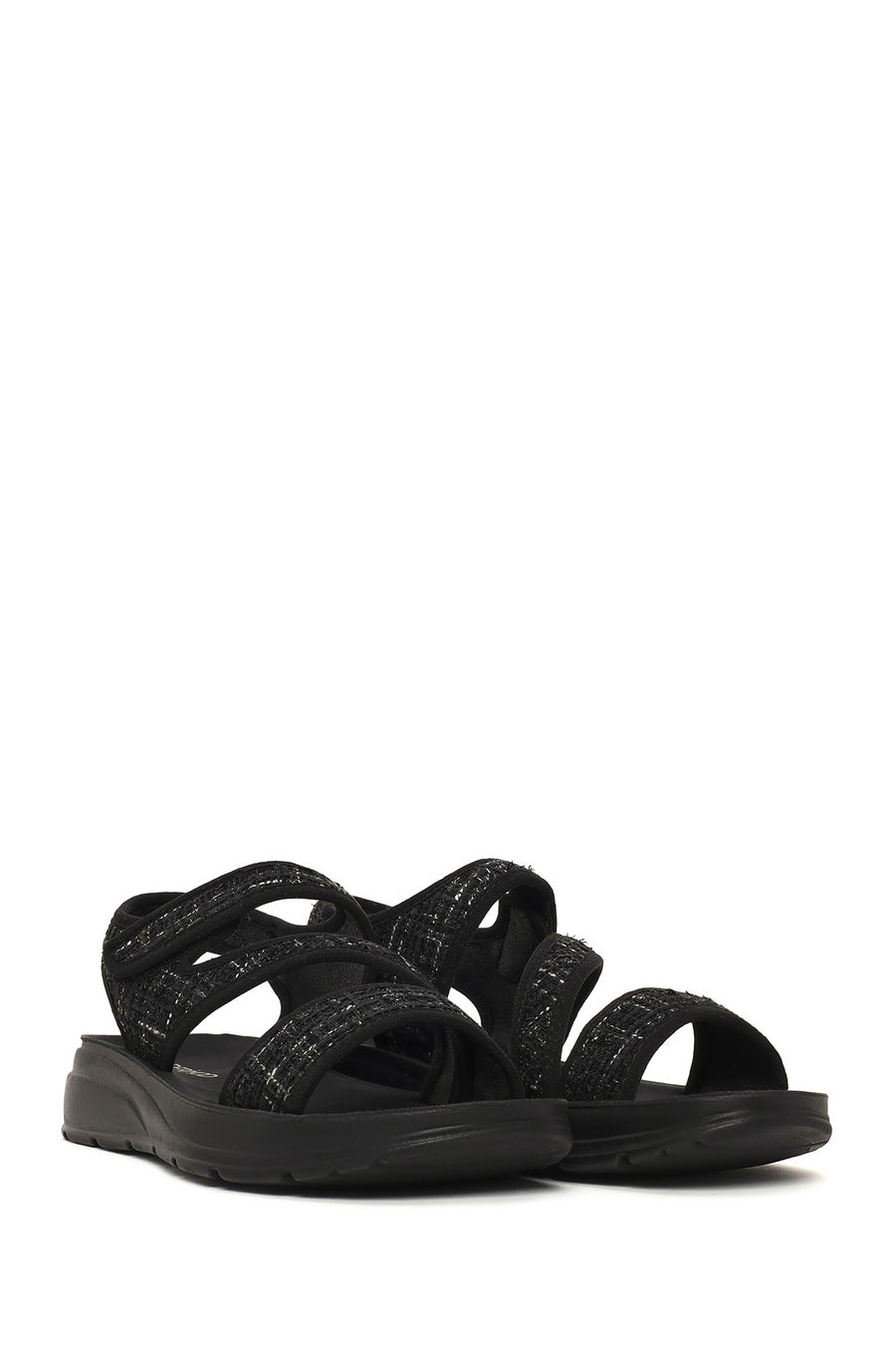 Women's Black Thick-Soled Patterned Fabric Sandals