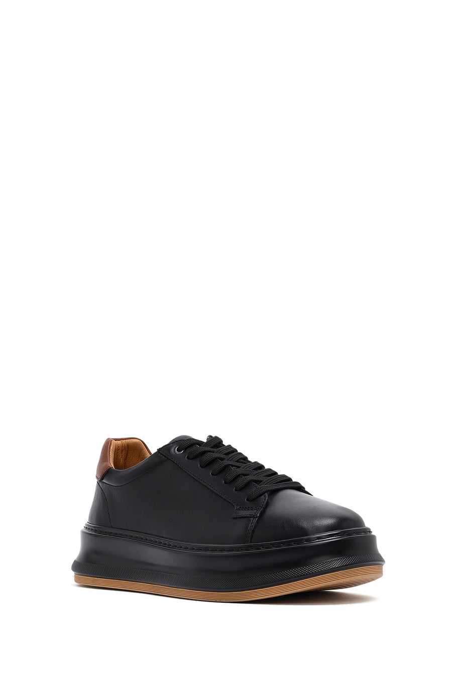 Men's Black Lace-up Thick-Sole Leather Sneaker