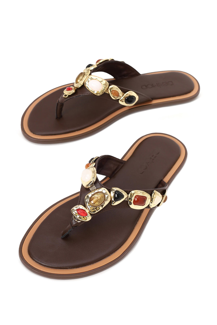 Woman Brown Stone-Embellished Flip-Flop Slipper