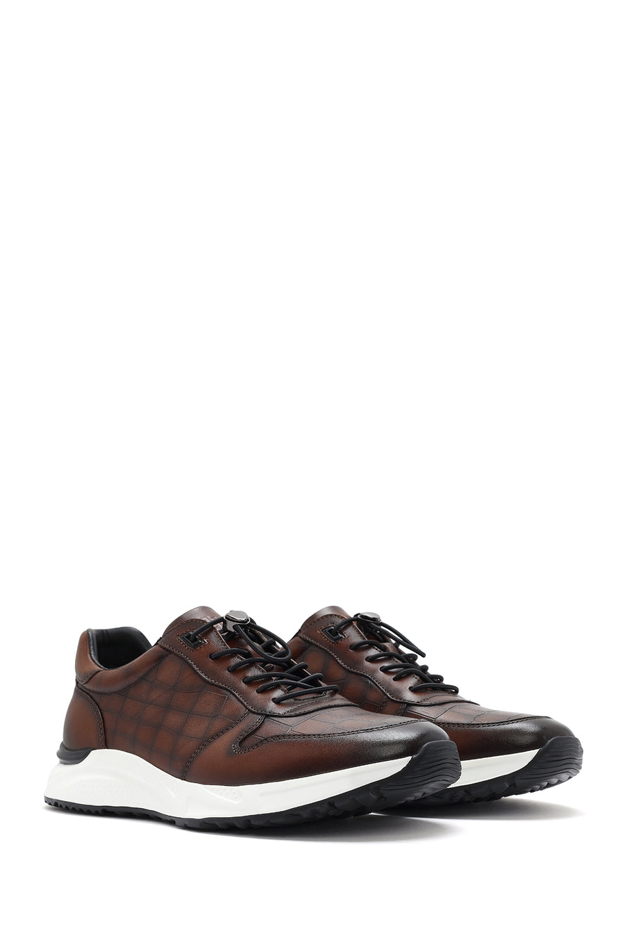 Men's Brown Crocodile Patterned Lace-Up Leather Sneakers