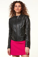 Ella Women's Black Stretch-Fit Leather Jacket | Derimod