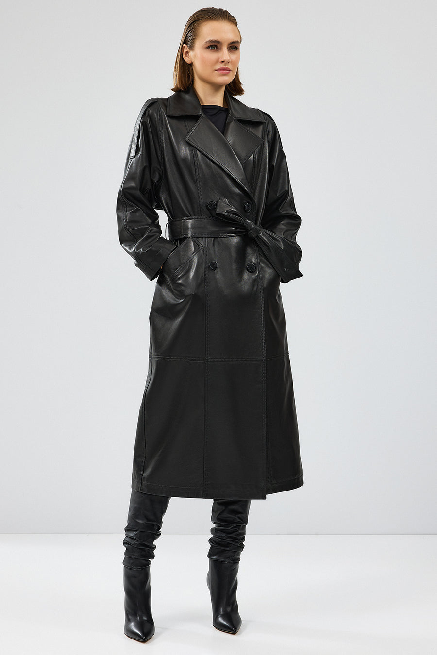 Nicole Women's Black Double Breasted Long Leather Trench Coat