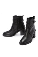 Women's Black Thick Heeled Leather Zipper Boots | Derimod