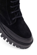 Woman Black Zip Closure Chunky-Heeled Suede Combat Boots | Derimod