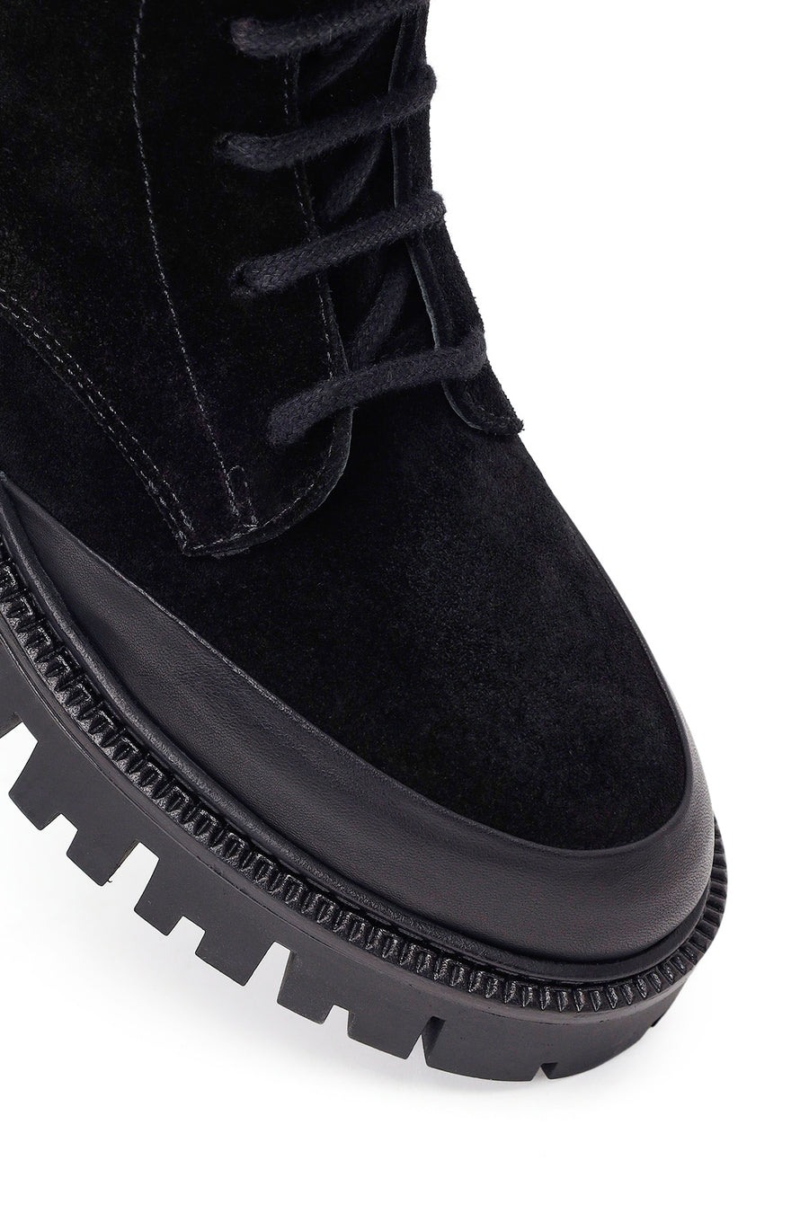 Woman Black Zip Closure Chunky-Heeled Suede Combat Boots