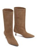 Women's Beige Thin Heeled Suede Leather Boot | Derimod