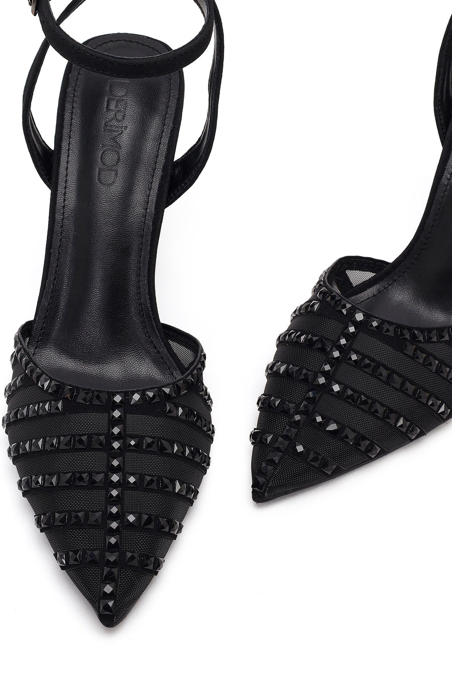 Women's Black Ankle Buckle Open Back High Thin Heel Shoes with Rhinestones