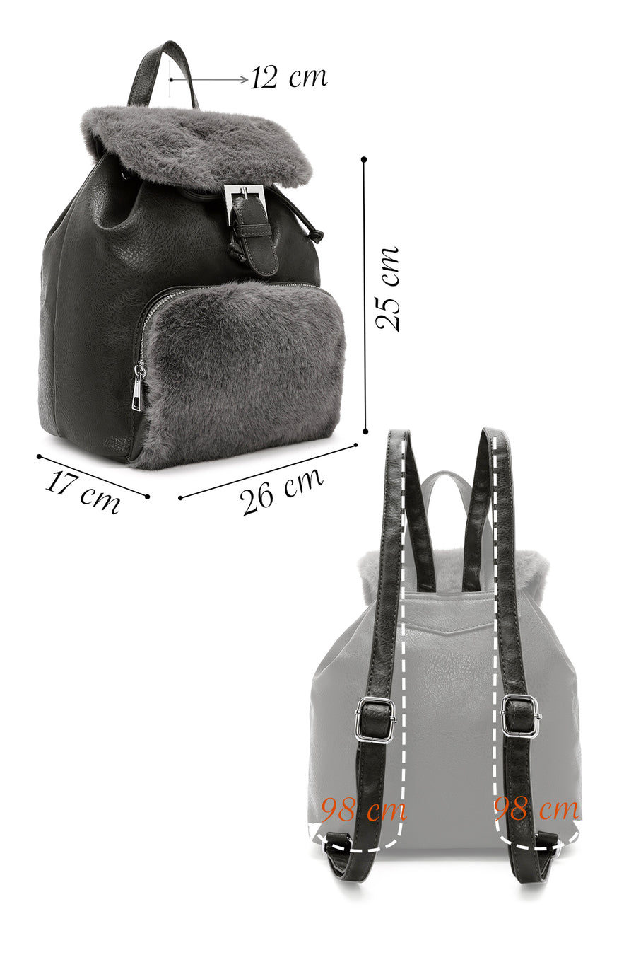 Women's Gray Plush Detailed Backpack