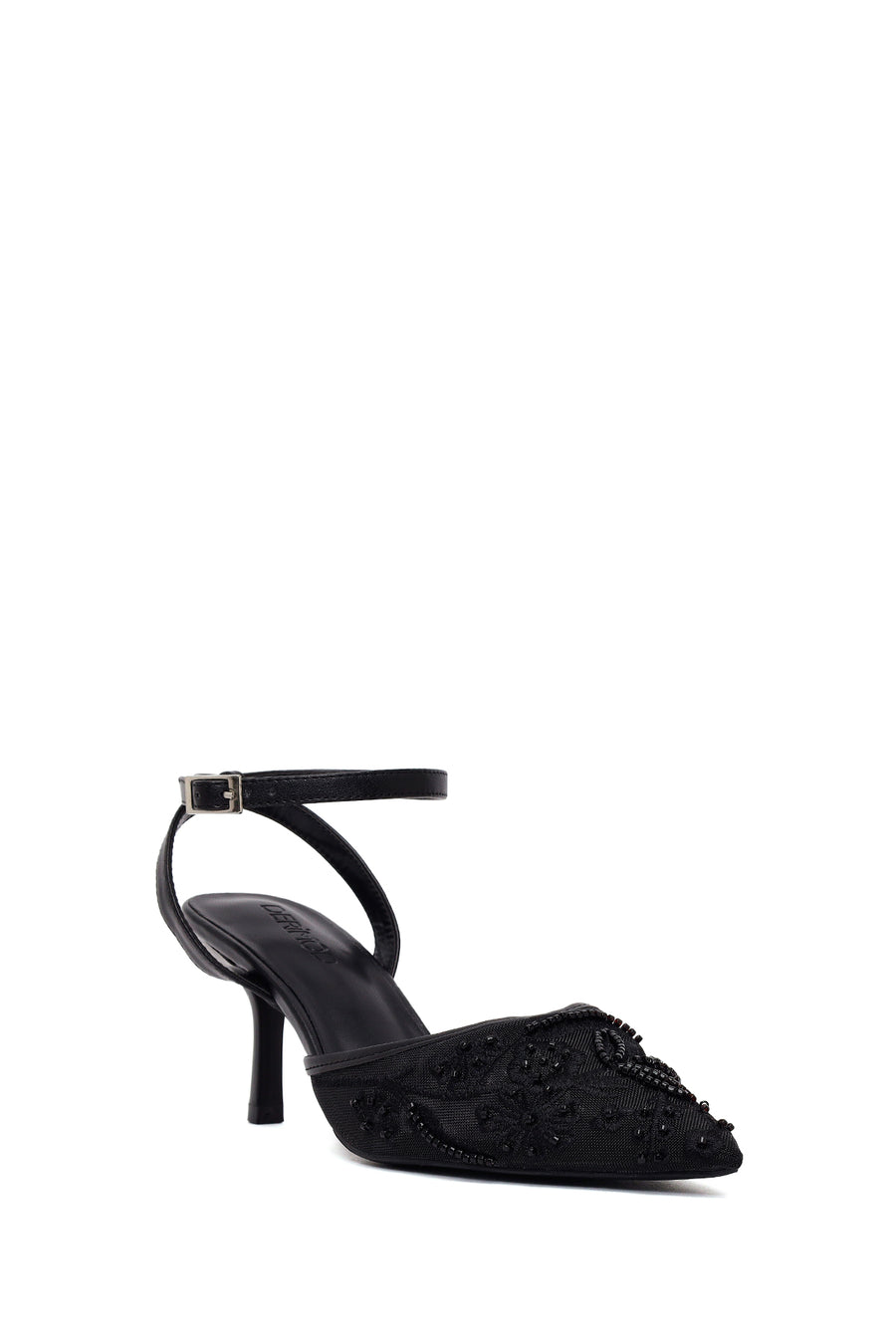 Woman Black Ankle-Buckle Floral Embroidered Open-Back Thin High Heel