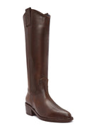 Women's Brown Chunky Heel Leather Cowboy Boots | Derimod