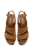 Women's Tan Suede Leather Sandals with Buckle Back and Platform Heel | Derimod