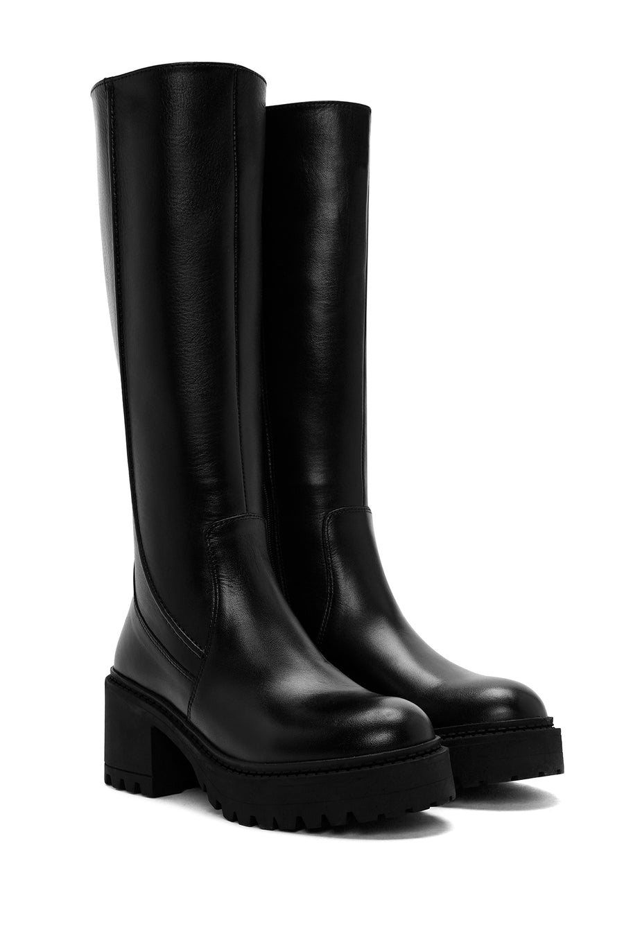 Woman Black Zip Closure Chunky Heeled Leather Boots