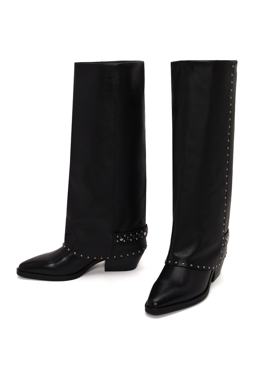 Woman Black Studded Chunky-Heeled Leather Cowboy Boots
