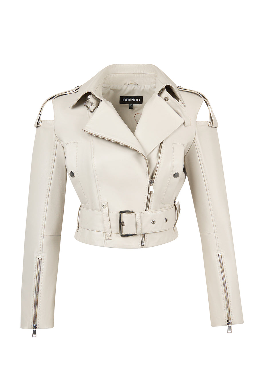 Avanti Woman Beige Off-Shoulder Short Biker Leather Jacket