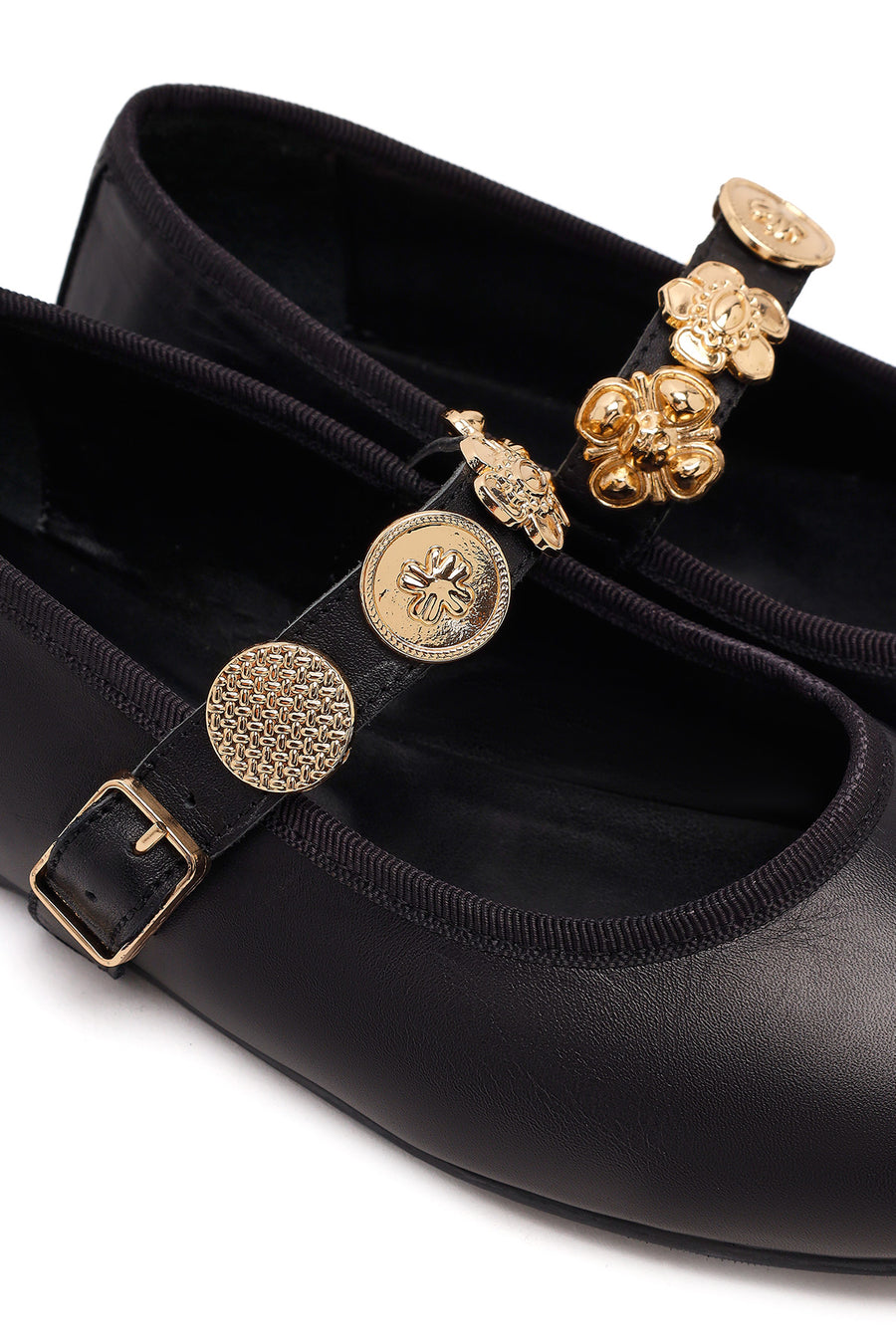 Women's Black Buckle Leather Ballerinas