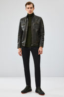 Wade Men's Green Slim-Fit Leather Coat | Derimod