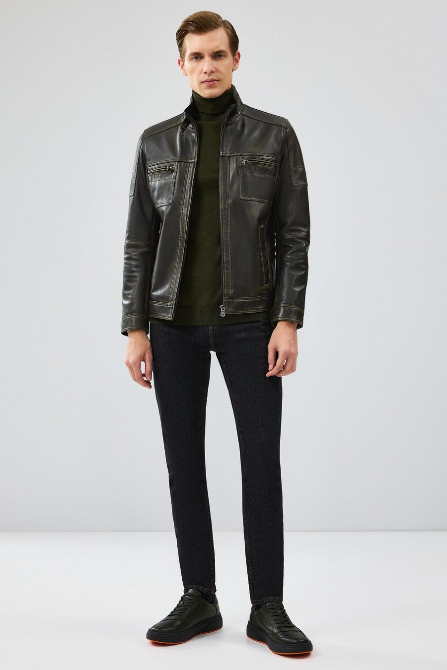 Wade Men's Green Slim-Fit Leather Coat