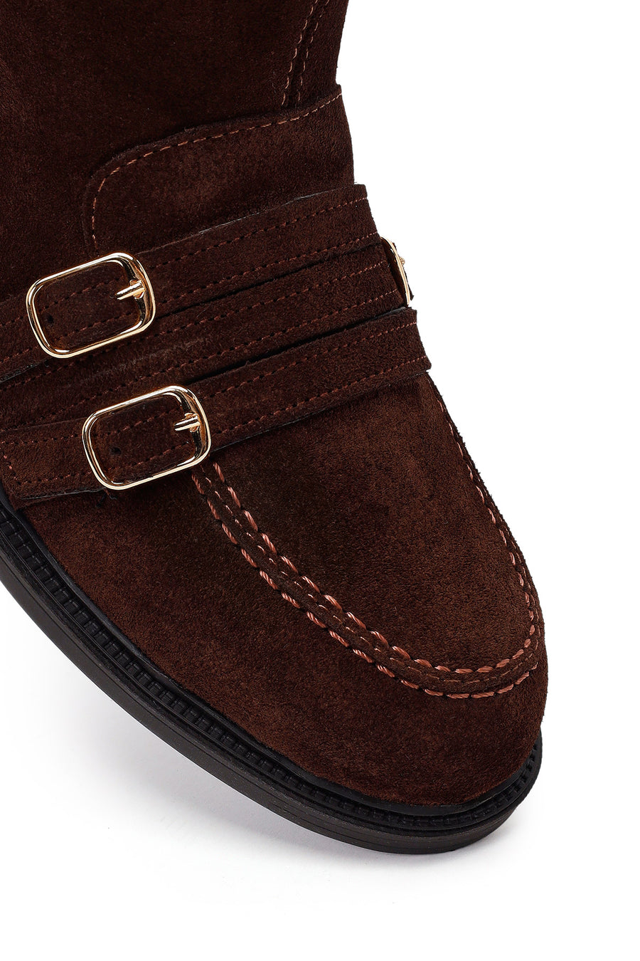 Woman Brown Buckled Suede Boots