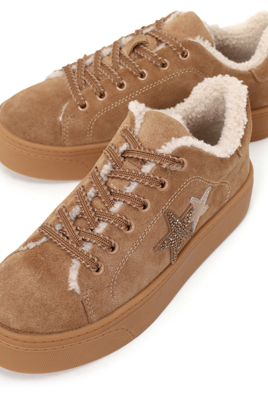 Kadın Camel Bağcıklı Kalın Tabanlı Süet Deri Teddy Sneaker