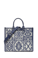 Woman Navy Patterned Fabric Long-Strap Shoulder Bag | Derimod