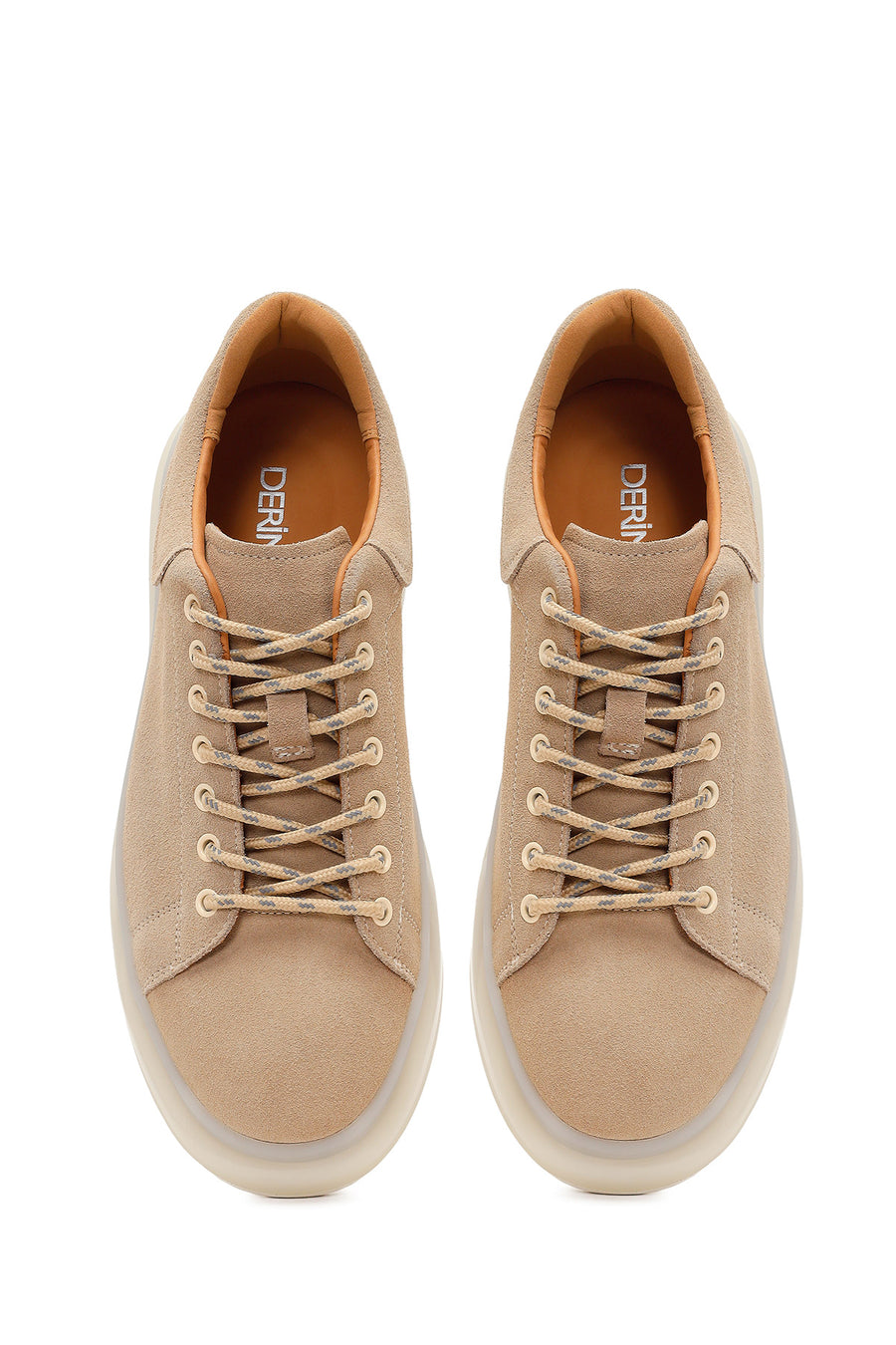 Men's Beige Lace-Up Thick-Sole Suede Leather Sneakers