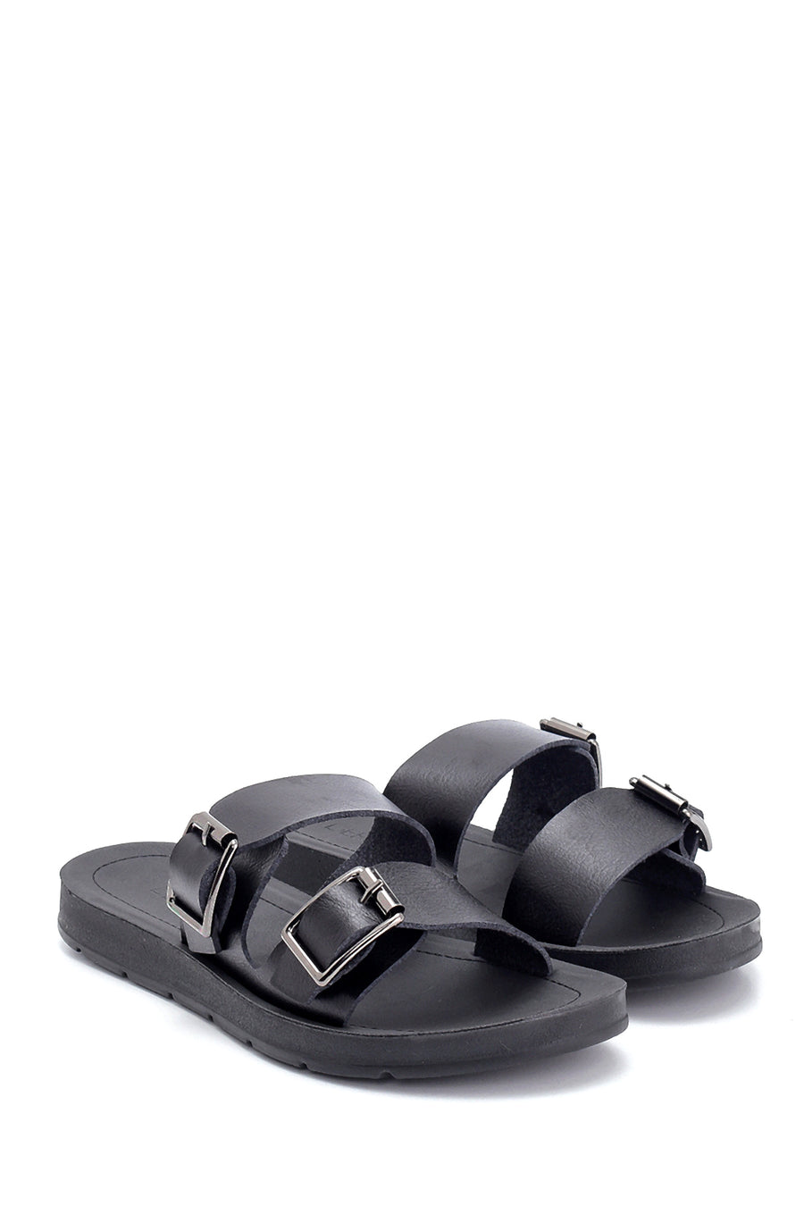 Women's Black Double Buckle Open Back Flat Slippers