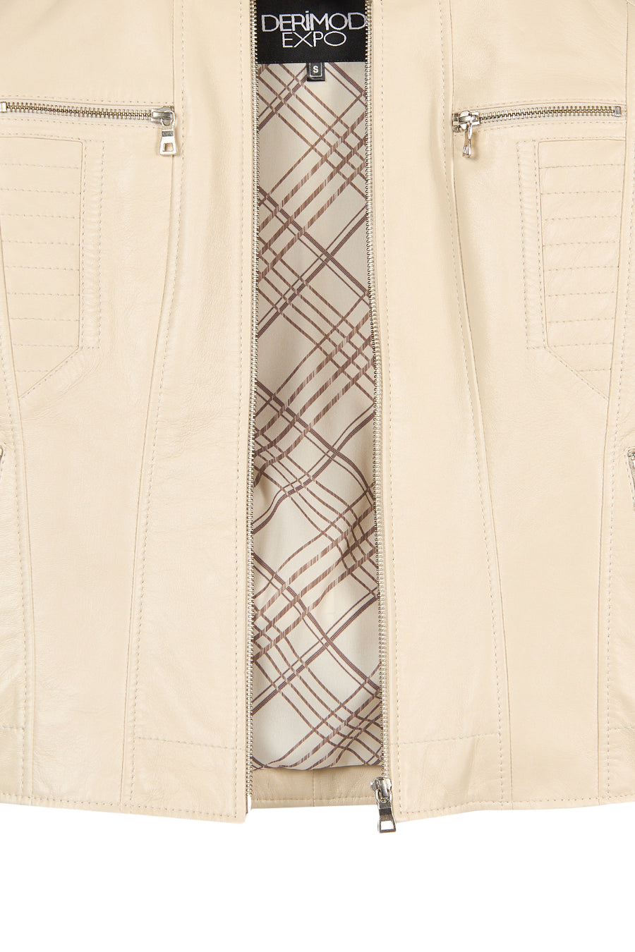 Marlyn Woman Beige Stand Collar Short Leather Jacket