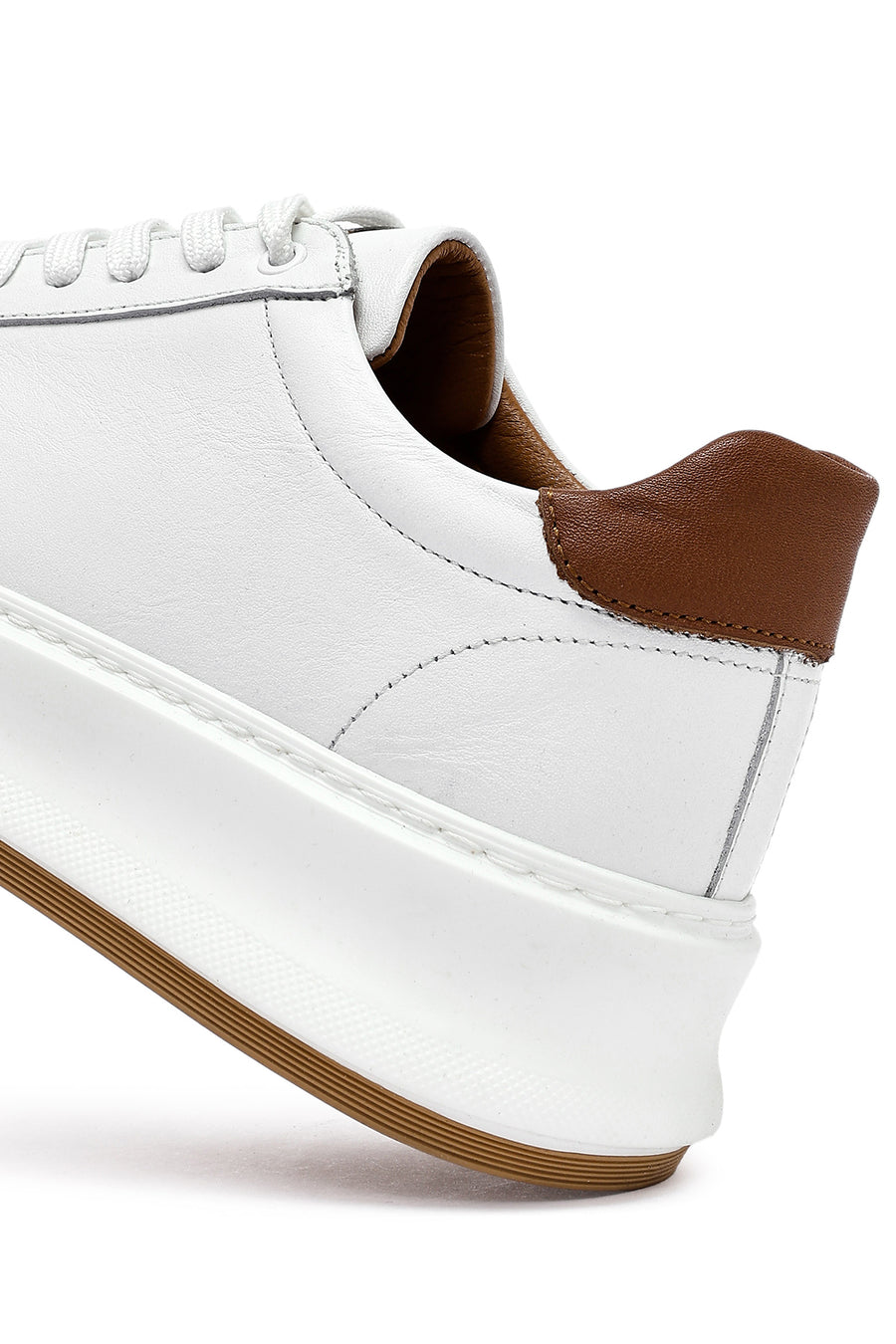 Men's White Lace-up Thick-Sole Leather Sneaker
