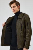 John Men's Green Hooded Leather Jacket | Derimod