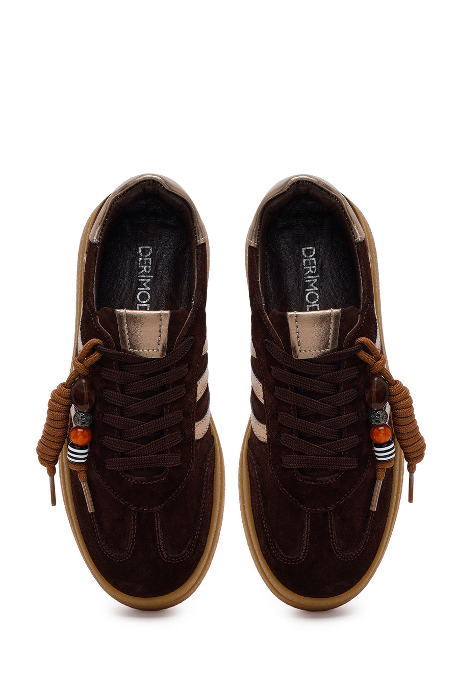 Woman Brown Lace-Up Charm Suede Leather Sneaker