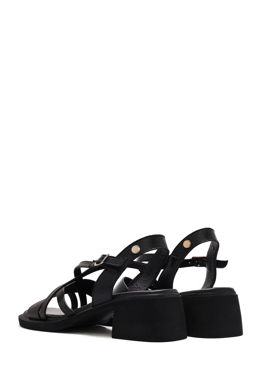 Women's Black Ankle Buckle Low Heeled Leather Sandals