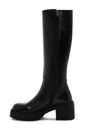 Women's Black Zippered Thick Heel Leather Boots | Derimod