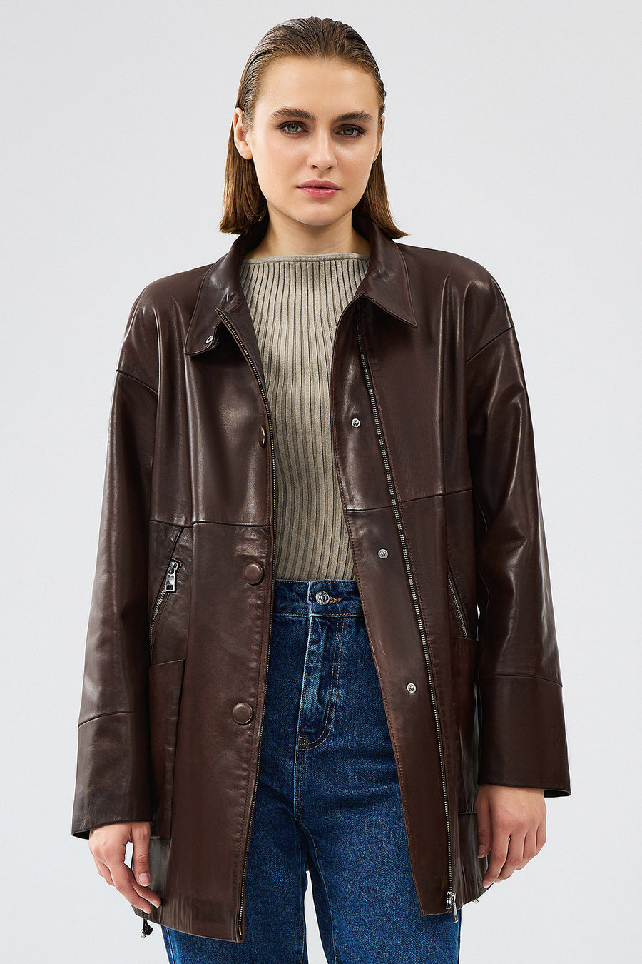 Dalida Women's Brown Oversize Leather Jacket 24WGD5212HN | Derimod