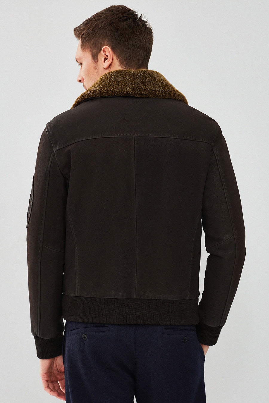 Falcon Men's Brown Embroidered Collar Fur Leather Pilot Jacket