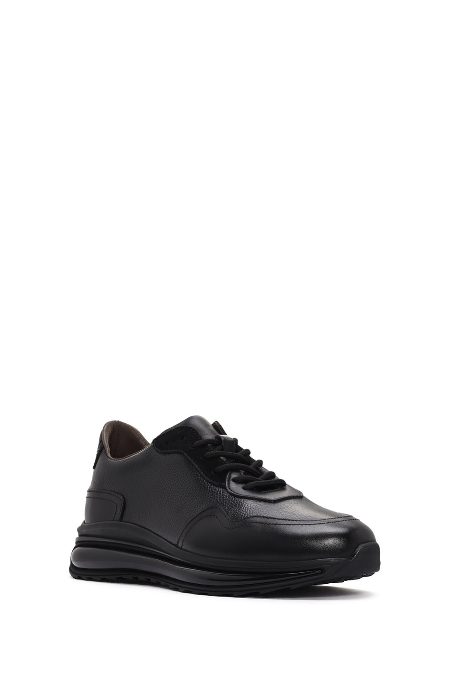 Erkek Siyah Kalın Tabanlı Bağcıklı Deri Casual Sneaker