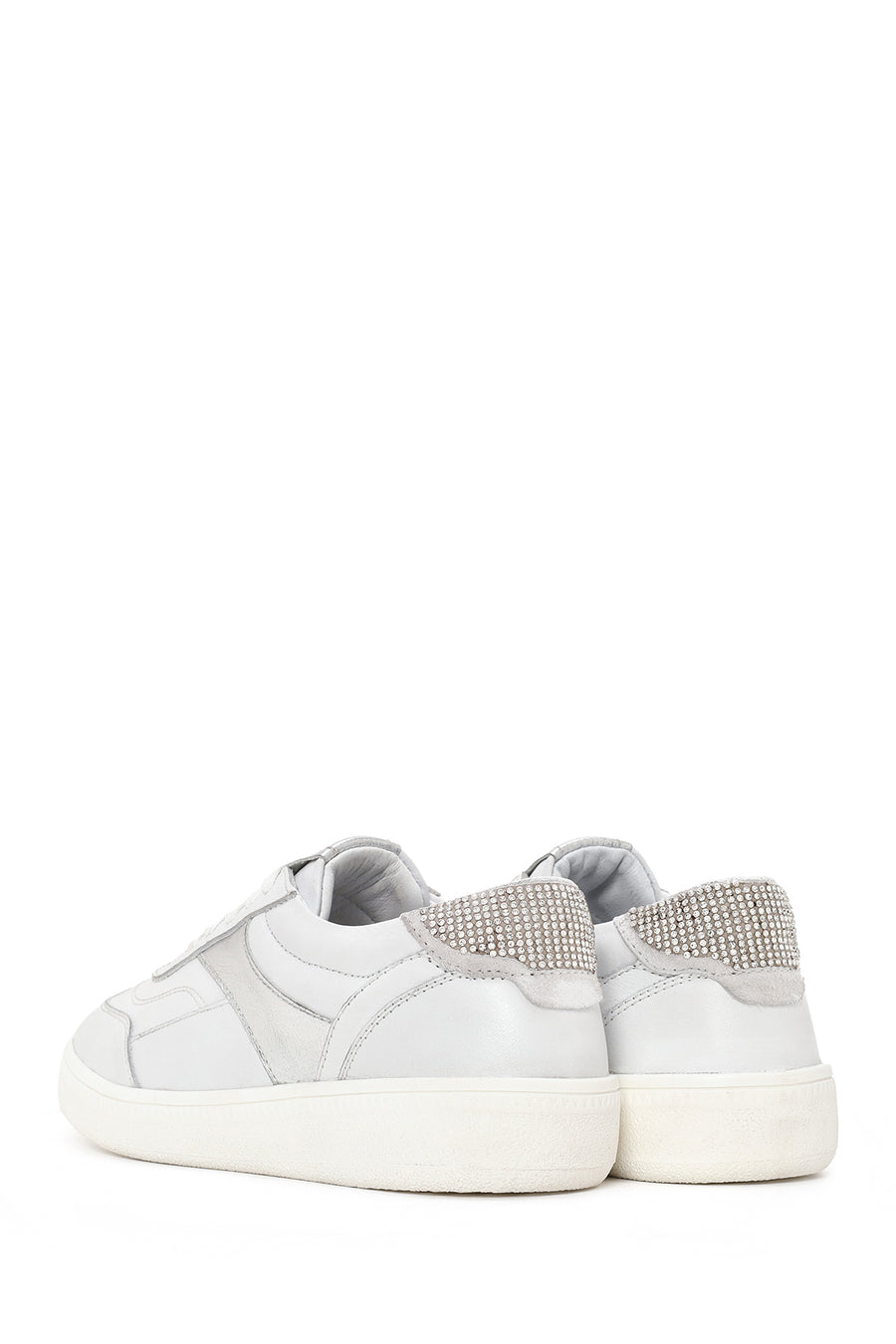 Kadın Beyaz Bağcıklı Kalın Tabanlı Taşlı Deri Sneaker