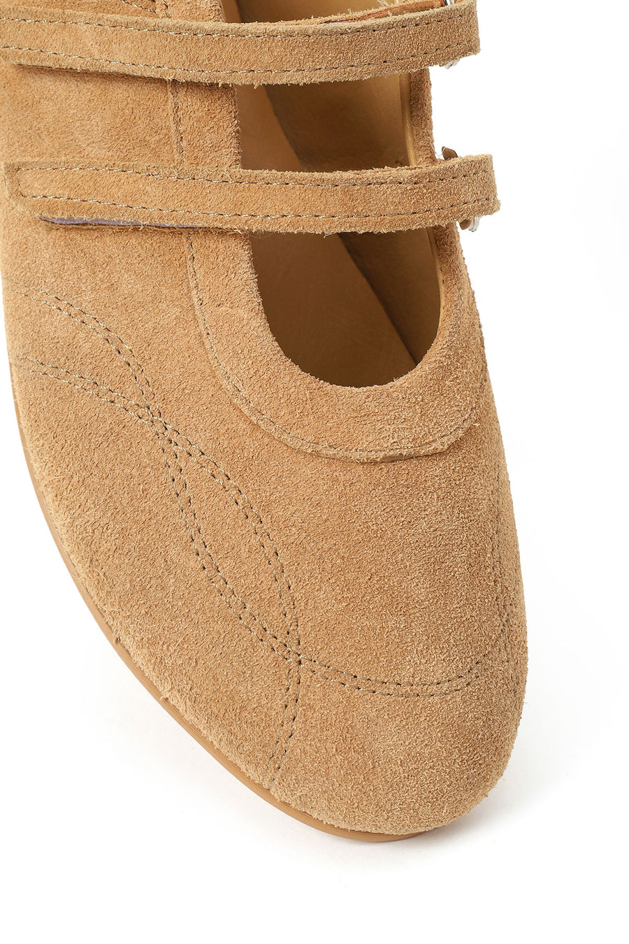 Woman Beige Double-Strap Suede Leather Ballerine Shoes