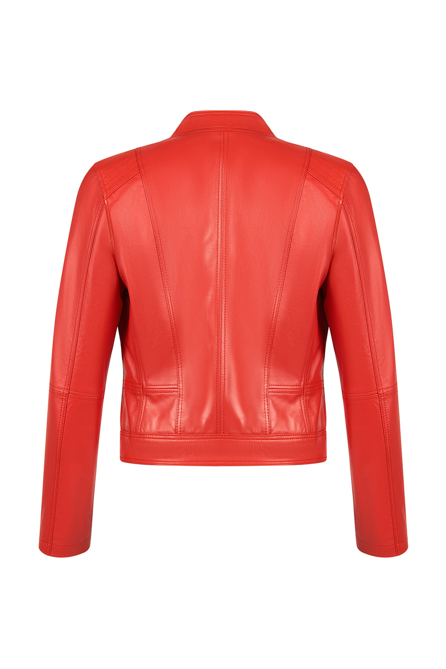 Kylie Woman Red Stand Collar Short Leather Jacket